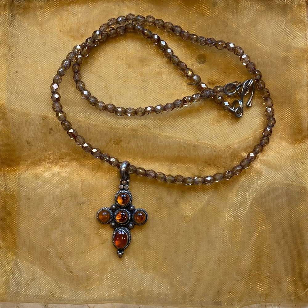 Sterling Silver cross with brown gemstones with brown quartz necklace
